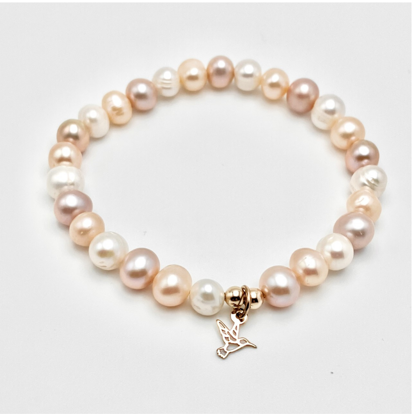 Handmade Pink Pearl Bracelet with 10K Gold Hummingbird Charm