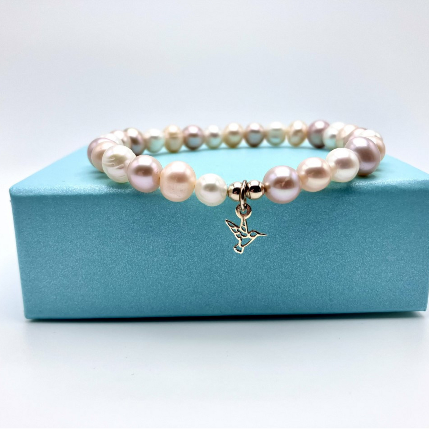 Handmade Pink Pearl Bracelet with 10K Gold Hummingbird Charm