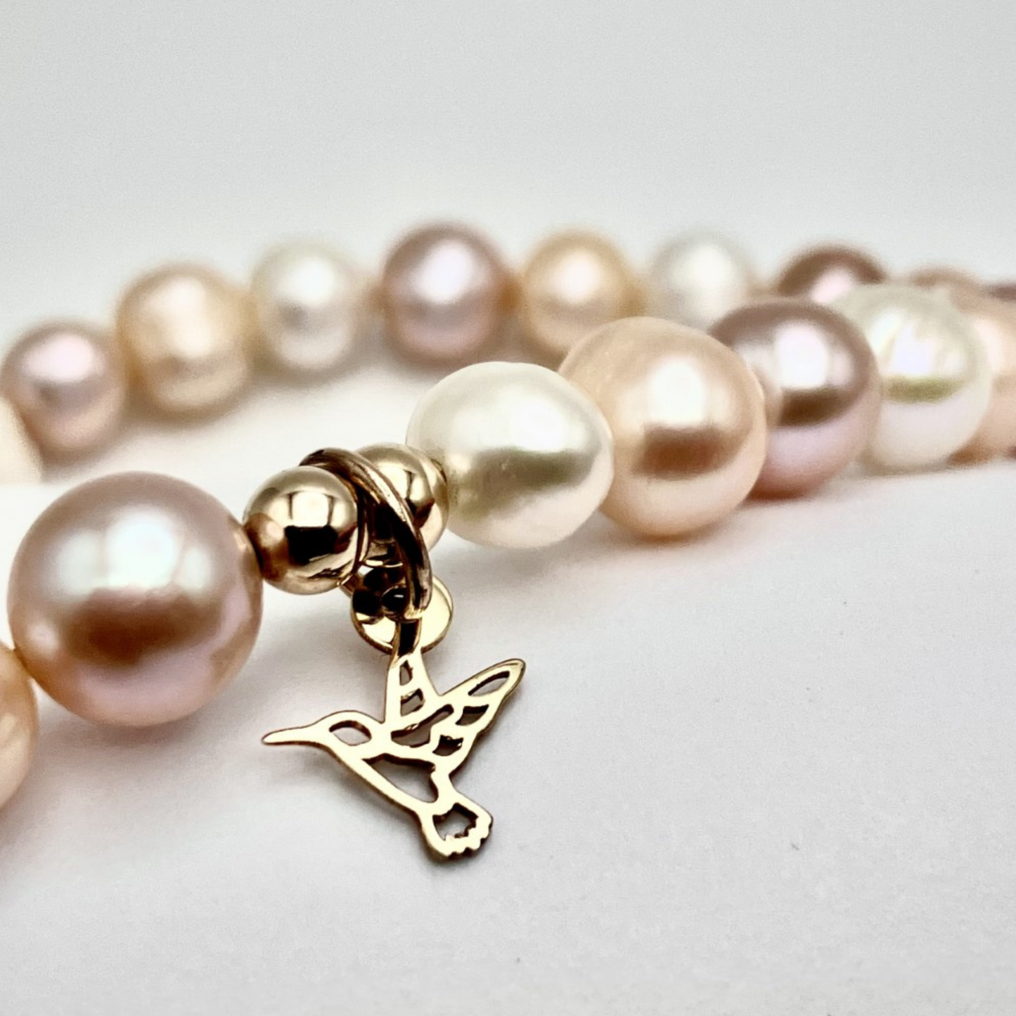 Handmade Pink Pearl Bracelet with 10K Gold Hummingbird Charm