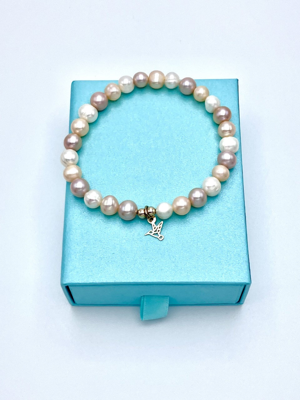 Handmade Pink Pearl Bracelet with 10K Gold Hummingbird Charm