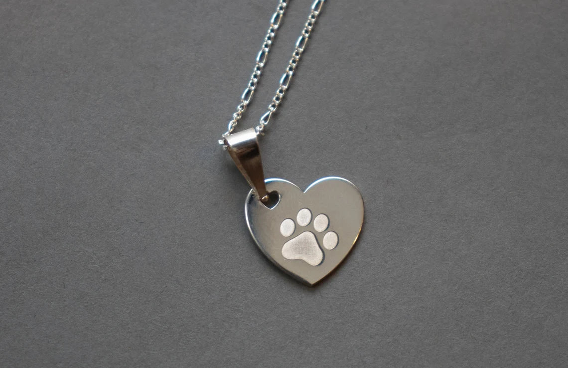 Silver Paw Print Heart Necklace , Paw Print Charm,Sterling Silver Paw in Heart