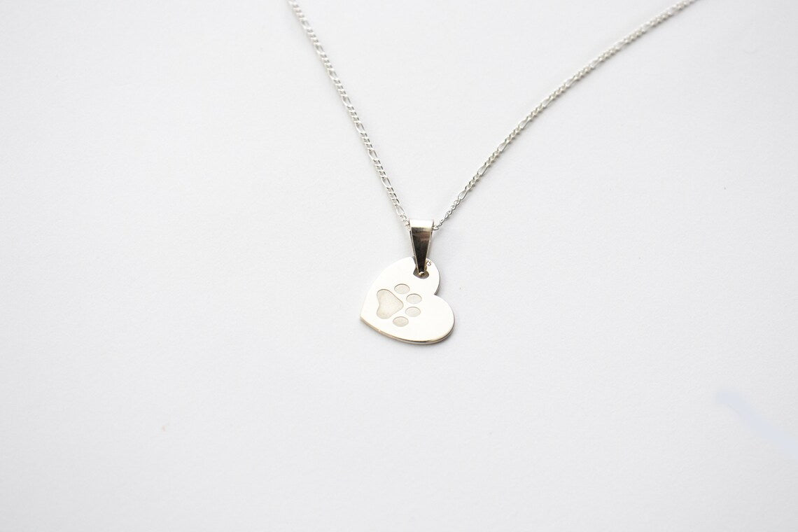 Silver Paw Print Heart Necklace , Paw Print Charm,Sterling Silver Paw in Heart