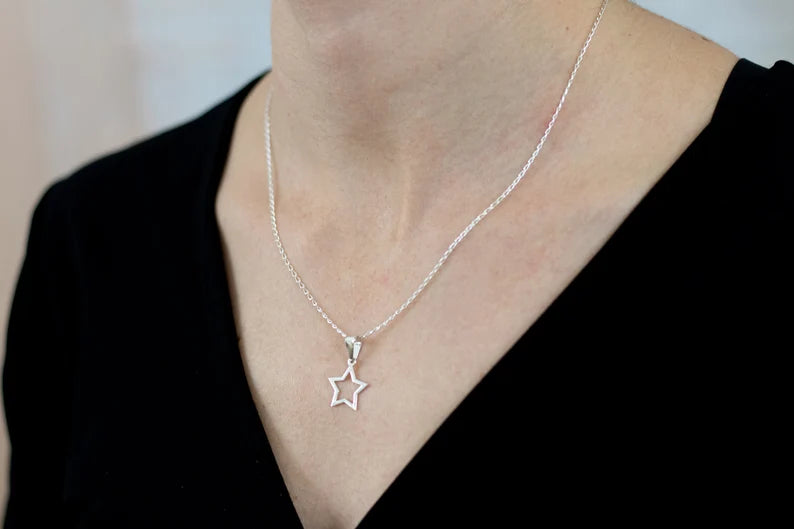 Sterling Silver Neckalce Star,Silver Necklace Open Star, Tiny Star Charm,Silver 925 Necklace