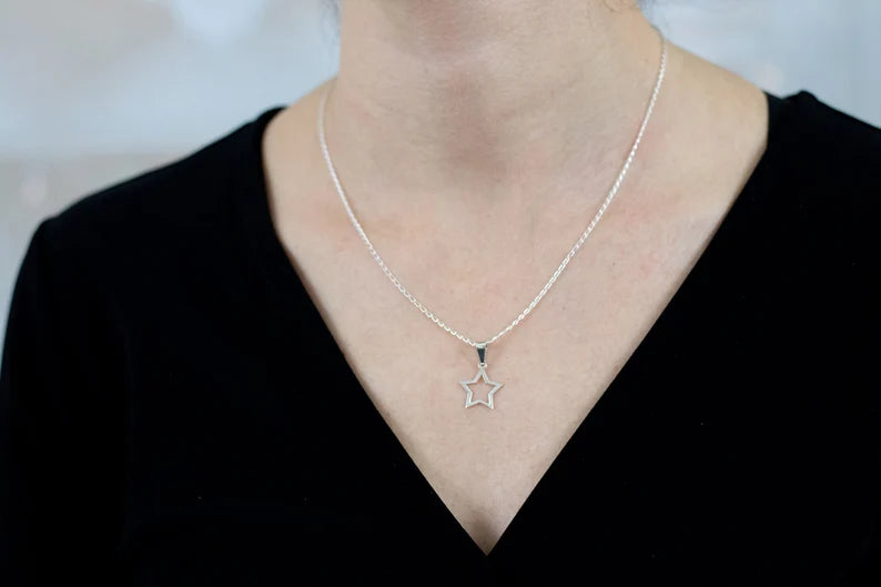 Sterling Silver Neckalce Star,Silver Necklace Open Star, Tiny Star Charm,Silver 925 Necklace