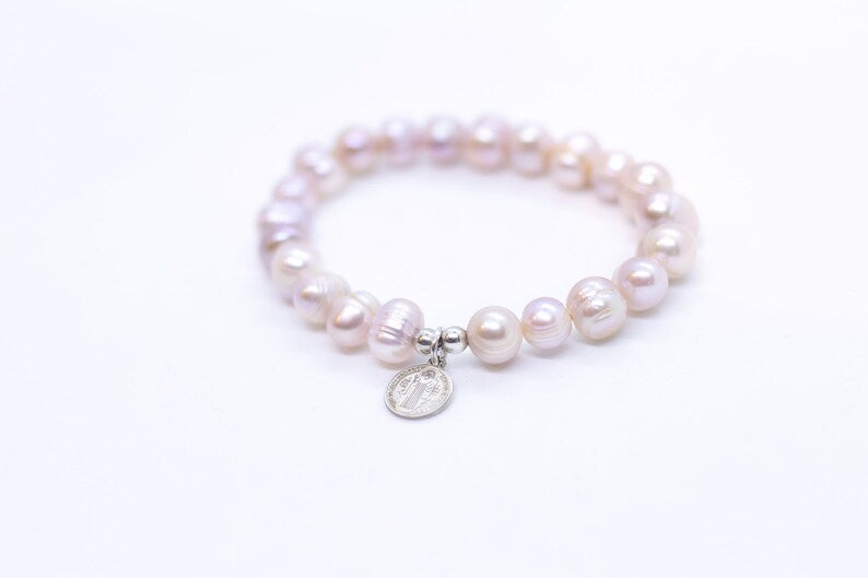 Pink Pearl Bracelet, Pink Fresh Water, Pearls Beads, Real Pearl Bracelet ,Silver St. Benedict Charm