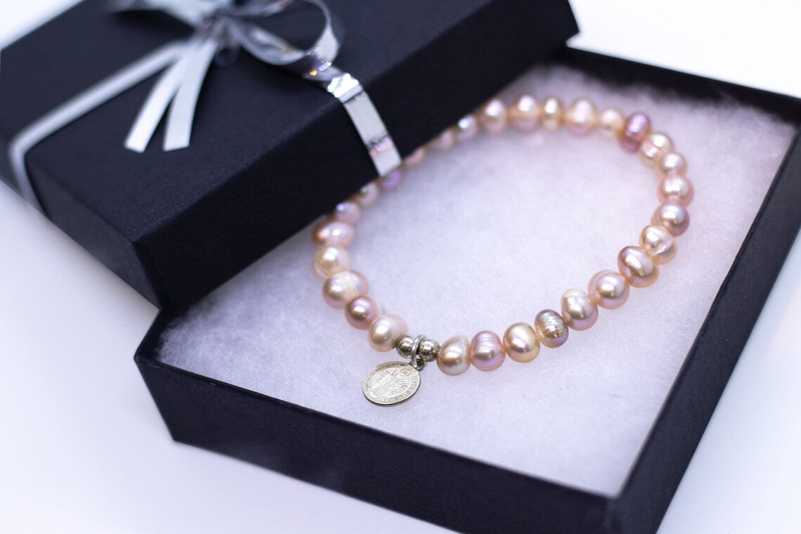 Pink Pearl Bracelet, Pink Fresh Water, Pearls Beads, Real Pearl Bracelet ,Silver St. Benedict Charm