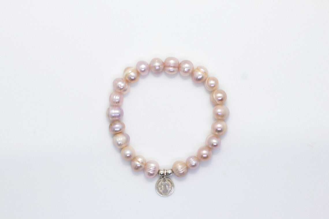 Pink Pearl Bracelet, Pink Fresh Water, Pearls Beads, Real Pearl Bracelet ,Silver St. Benedict Charm