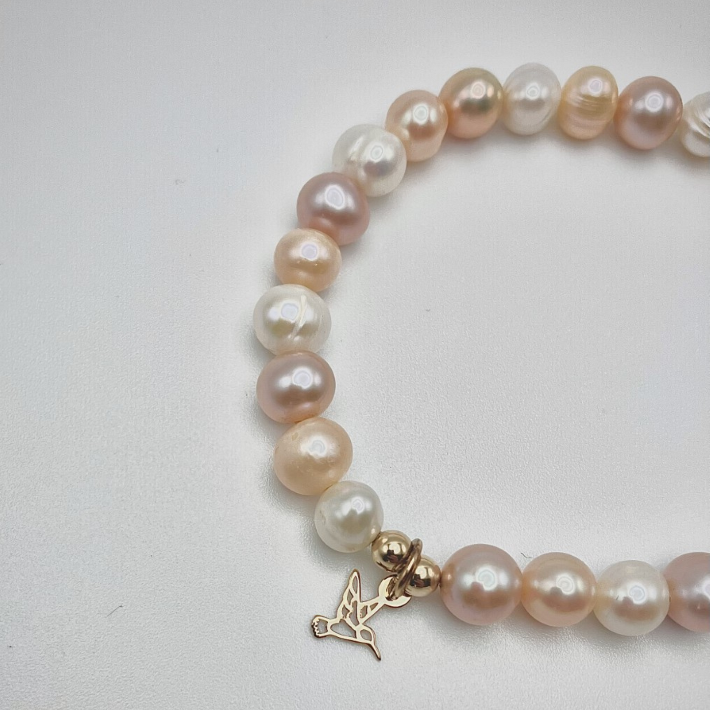 Handmade Pink Pearl Bracelet with 10K Gold Hummingbird Charm