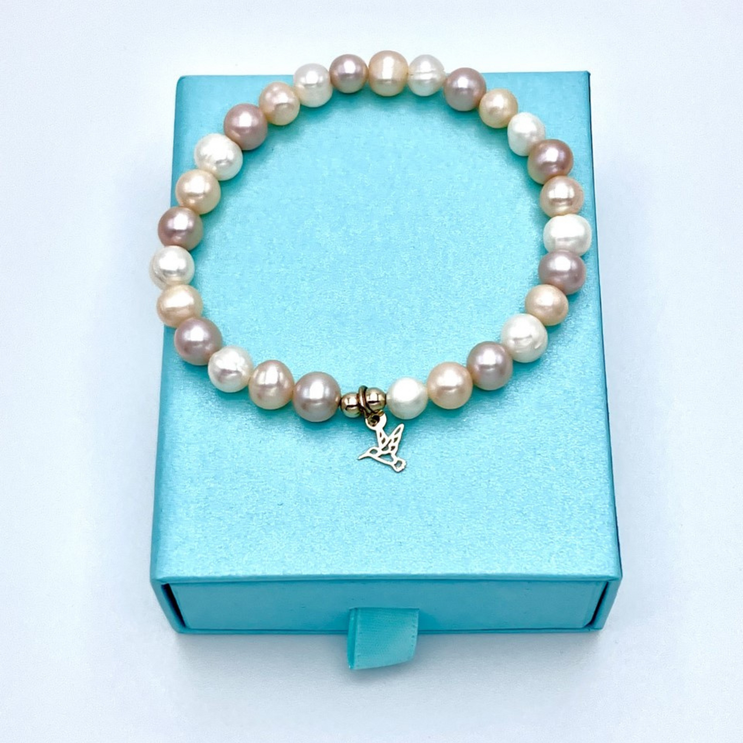 Handmade Pink Pearl Bracelet with 10K Gold Hummingbird Charm